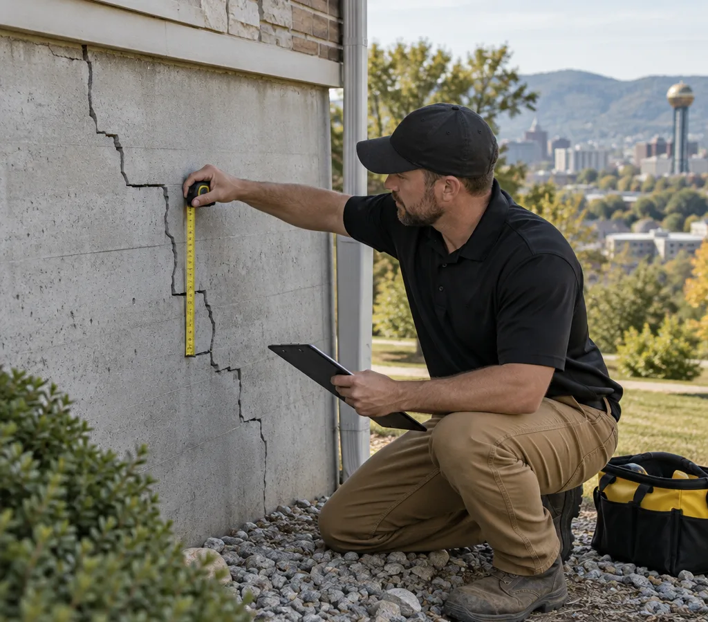 Technician measuring a stair-step crack in a foundation wall