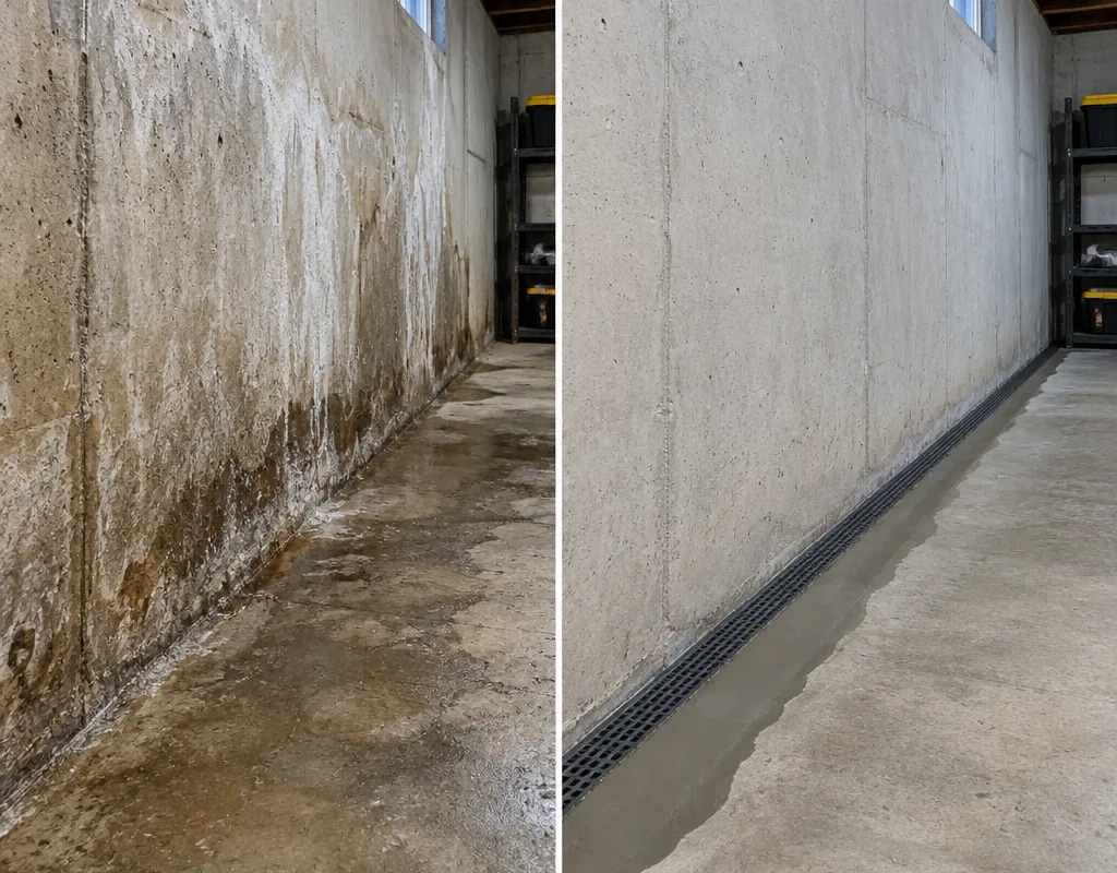 Basement floor before and after an interior drain channel was installed