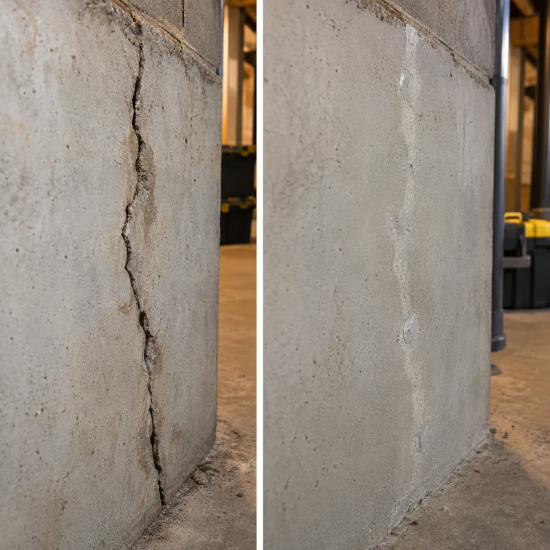 Poured foundation wall crack before and after injection repair