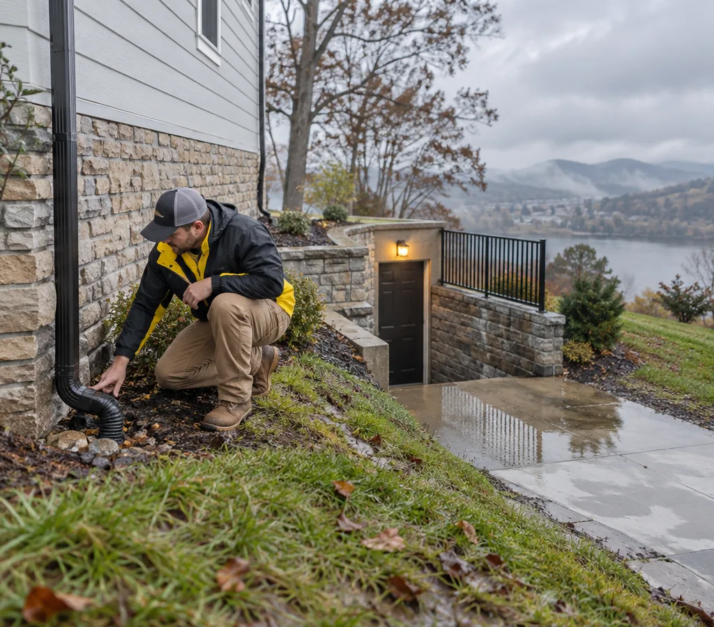 Technician checking a downspout and wet ground beside a home's foundation