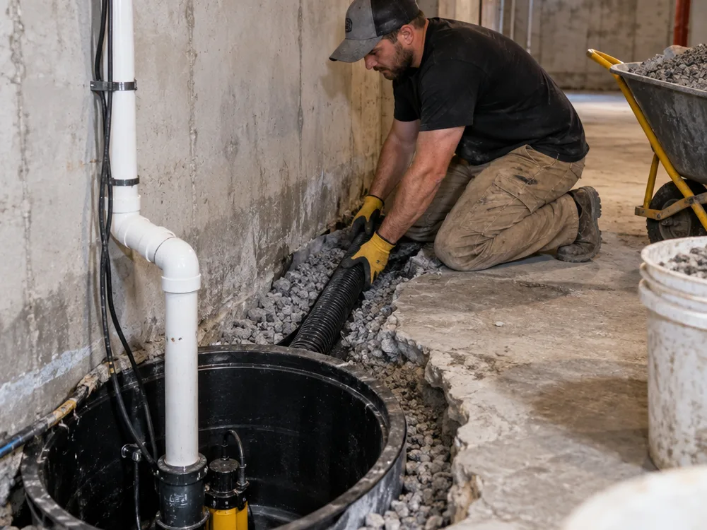Interior drain and sump installation alongside exterior waterproofing