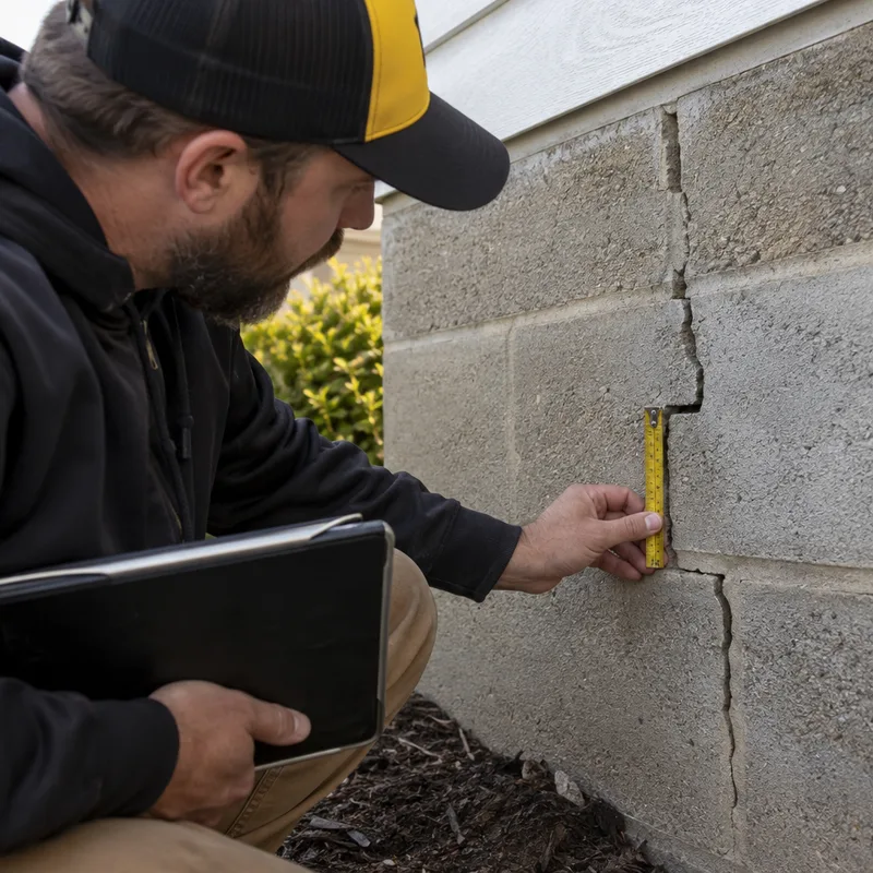 Technician measuring a crack in a concrete block foundation wall