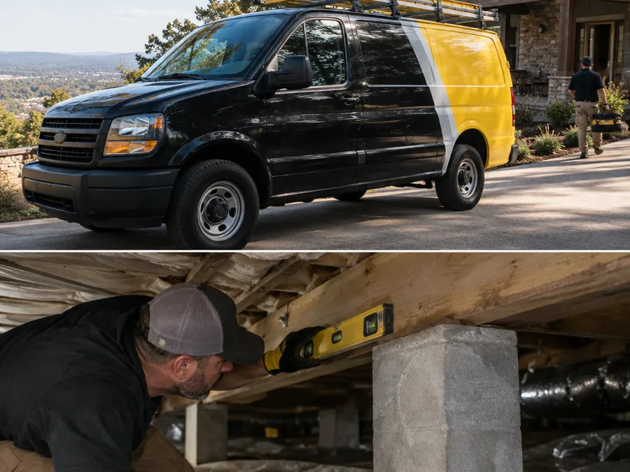 Inspector checking pier supports under a crawl space floor