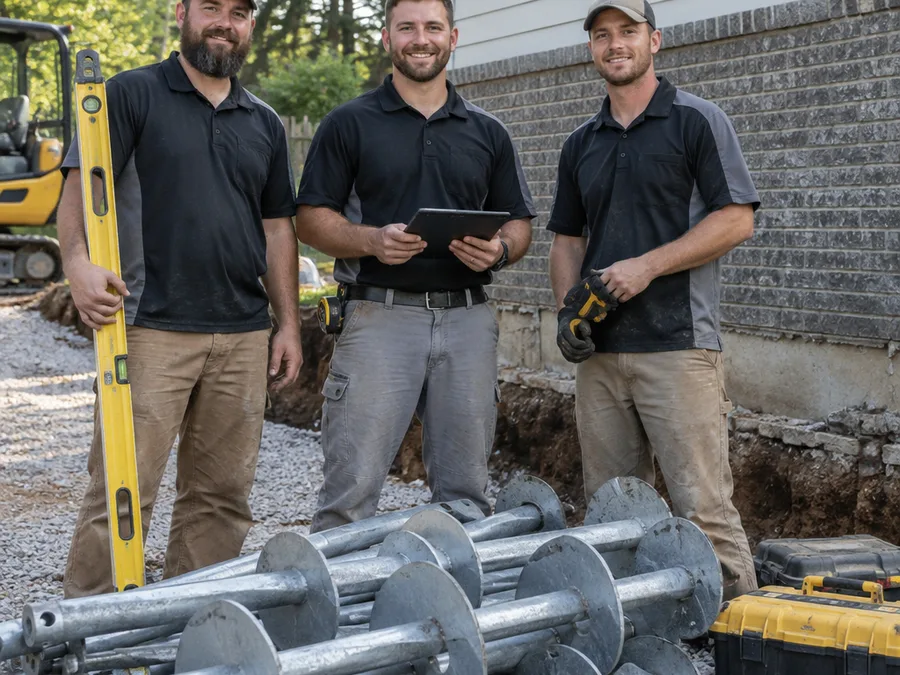 Foundation repair crew with levels and helical piers at a jobsite