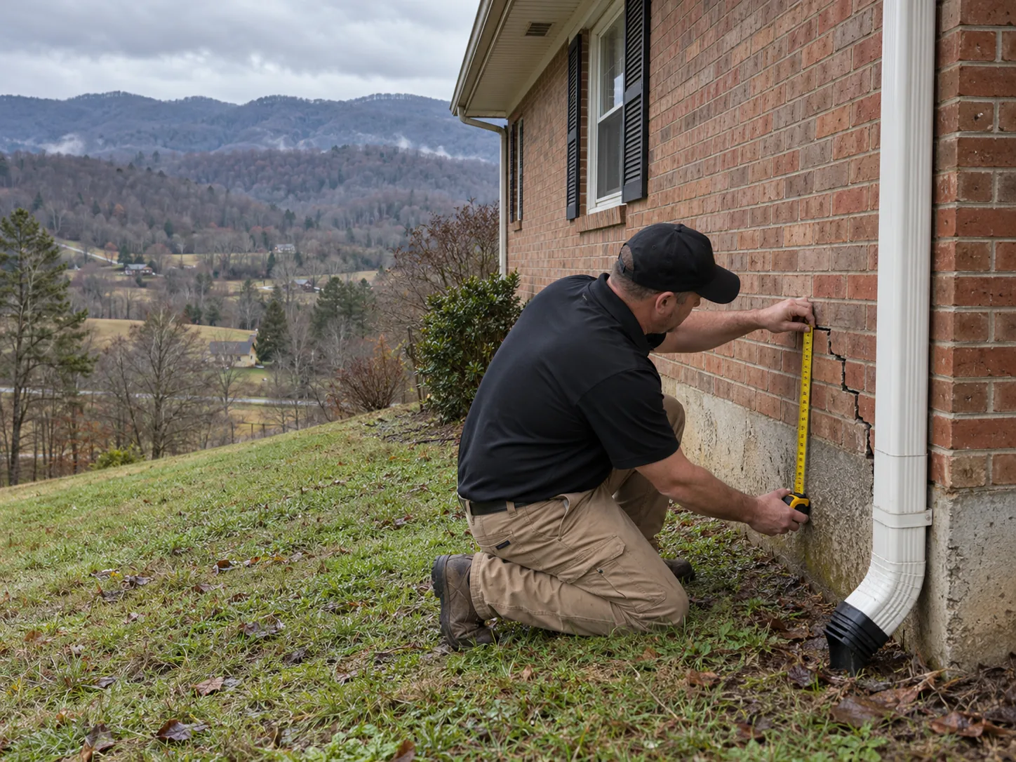Technician measuring a stair-step crack in a brick home on a sloped lot