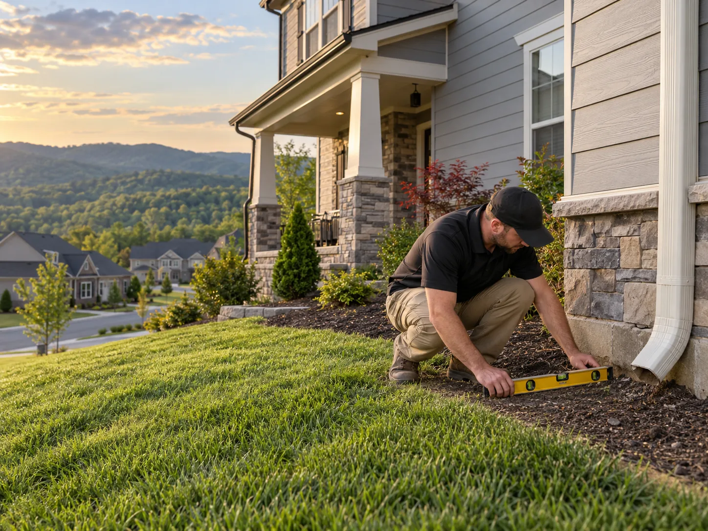 Technician checking the grading beside a newer home in a hillside subdivision